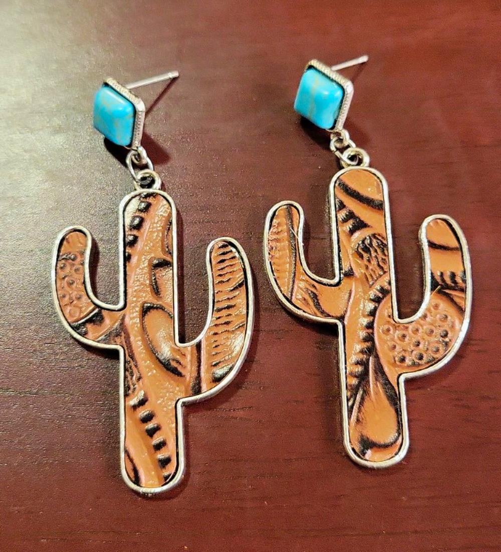 Western Cowgirl Cactus Earrings Brown Tooled Leather Look Turquoise Boho Rodeo